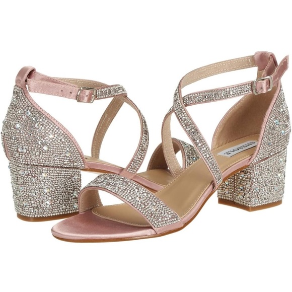 New Women's Strappy Chunky Low Heel Sandals Sparkly Rhinestone Wedding Shoe heel - Picture 3 of 10